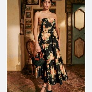 Sezane Black Floral Strapless Dress Tamia in Pila, size 8/40